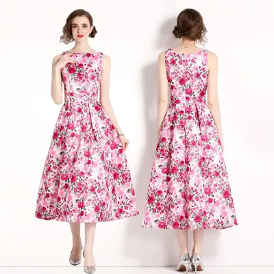 BRITISH STYLE LARGE FLOWER SLEEVELESS DRESS